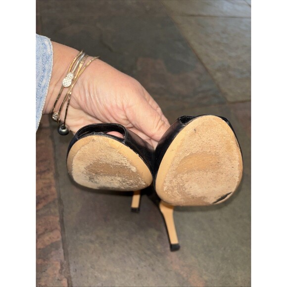 Max Mara Black Leather Peep Toe Pumps 3” Silver Heel 8 38.5 Italy Women - Picture 8 of 12